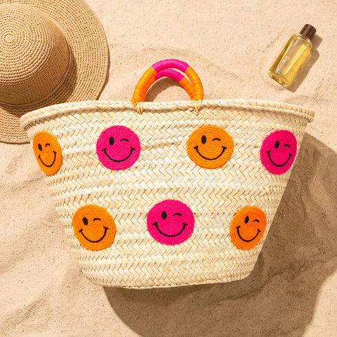 Smiley Face Straw Basket Bag | Handmade Moroccan Beach Tote Bag