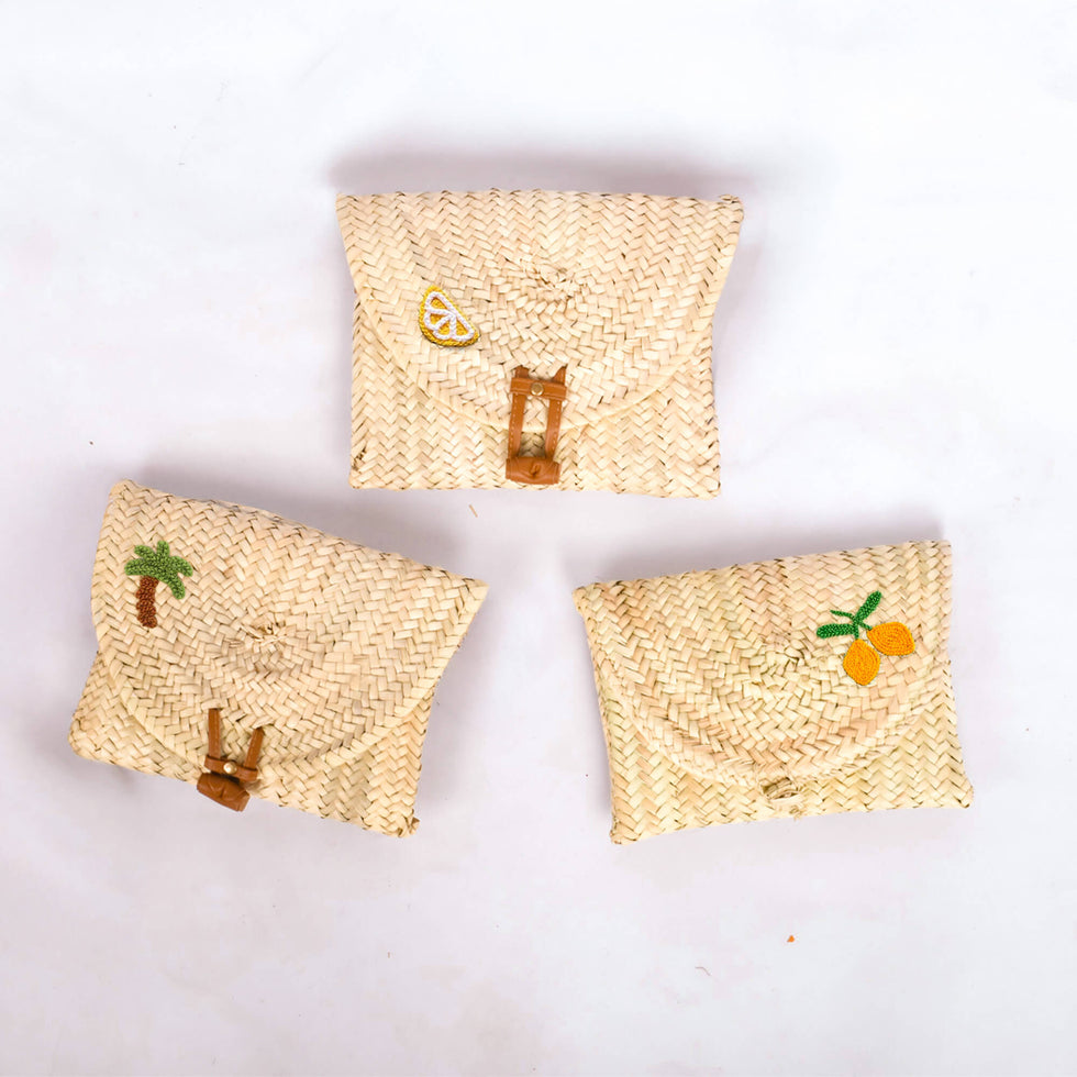 Straw Envelope Clutch – Fruit Embroidered Moroccan Purse