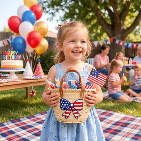 Personalized USA kids straw basket with embroidered American flag bow, small handwoven palm leaf tote with leather handles, custom name on back, patriotic children’s beach and birthday gift bag