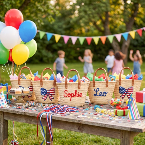 Personalized USA kids straw basket with embroidered American flag bow, small handwoven palm leaf tote with leather handles, custom name on back, patriotic children’s beach and birthday gift bag