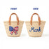 Personalized USA kids straw basket with embroidered American flag bow, small handwoven palm leaf tote with leather handles, custom name on back, patriotic children’s beach and birthday gift bag