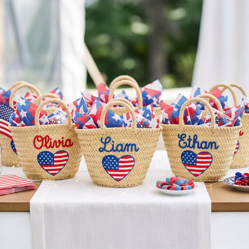 Personalized USA Heart Kids Straw Bag 🇺🇸 – Embroidered Tote for 4th of July & Summer Party Gifts