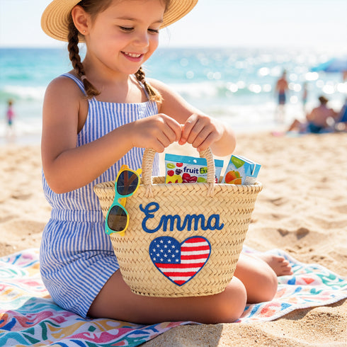 Personalized USA Heart Kids Straw Bag 🇺🇸 – Embroidered Tote for 4th of July & Summer Party Gifts