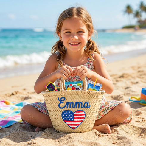Personalized USA Heart Kids Straw Bag 🇺🇸 – Embroidered Tote for 4th of July & Summer Party Gifts