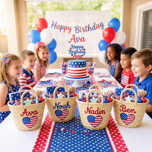 Personalized USA Heart Kids Straw Bag 🇺🇸 – Embroidered Tote for 4th of July & Summer Party Gifts