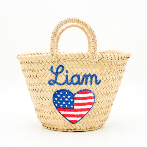 Personalized USA Heart Kids Straw Bag 🇺🇸 – Embroidered Tote for 4th of July & Summer Party Gifts