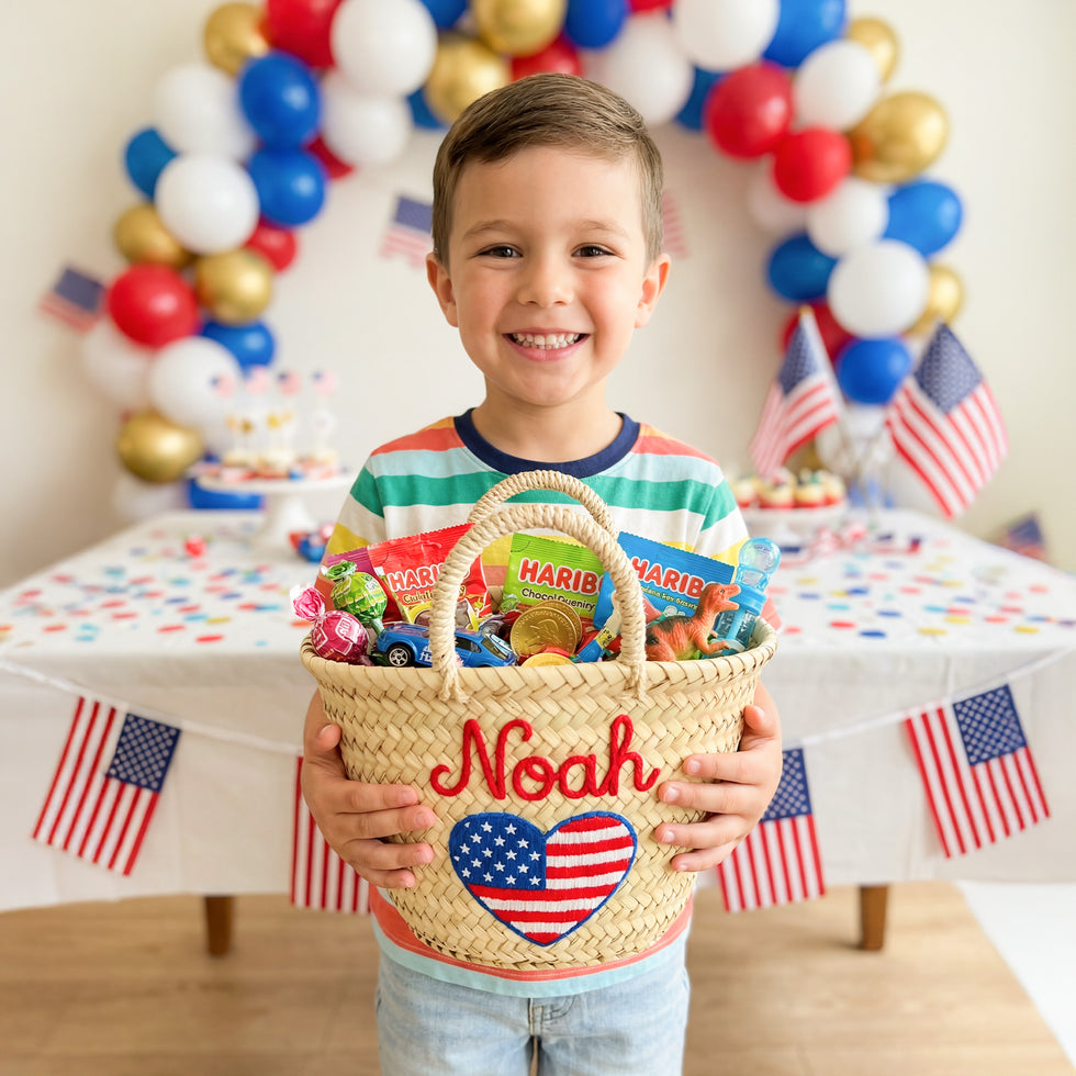 Personalized USA Heart Kids Straw Basket Bag