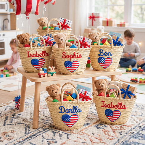 Personalized USA Heart Kids Straw Bag 🇺🇸 – Embroidered Tote for 4th of July & Summer Party Gifts
