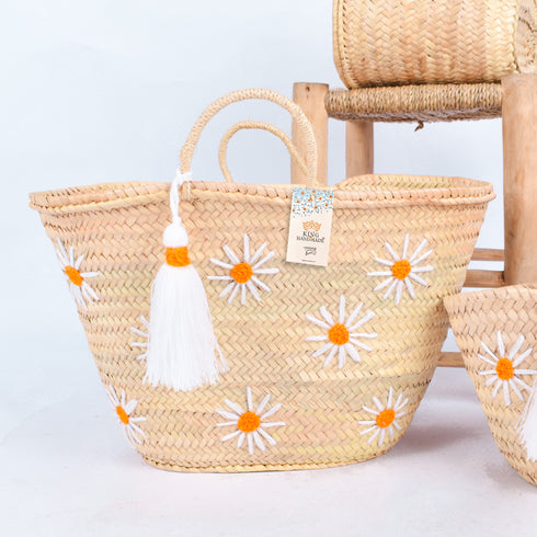 Personalized Daisy Straw Basket - Orange Summer Tote