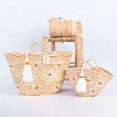 Personalized Daisy Straw Basket - Orange Summer Tote