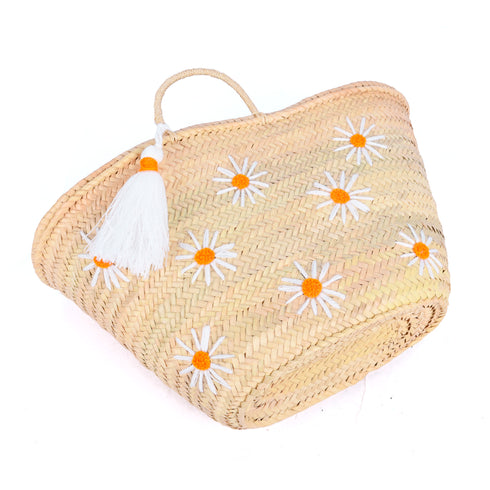 Personalized Daisy Straw Basket - Orange Summer Tote