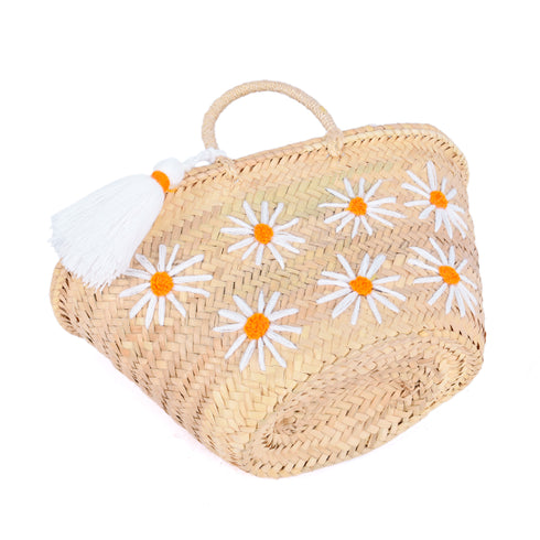 Personalized Daisy Straw Basket - Orange Summer Tote