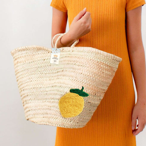 Personalized Lemon Straw Basket - Handwoven Summer Tote