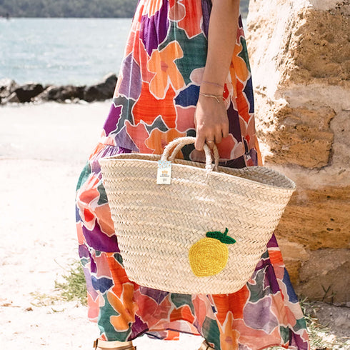 Personalized Lemon Straw Basket - Handwoven Summer Tote