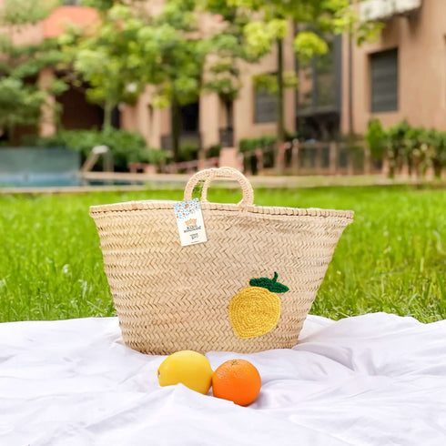 Personalized Lemon Straw Basket - Handwoven Summer Tote