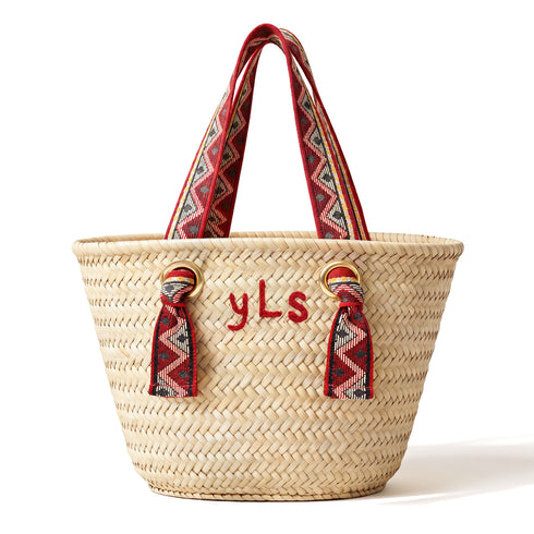 Personalized Moroccan woven straw beach tote with red Amazigh patterned handles and custom initials 1