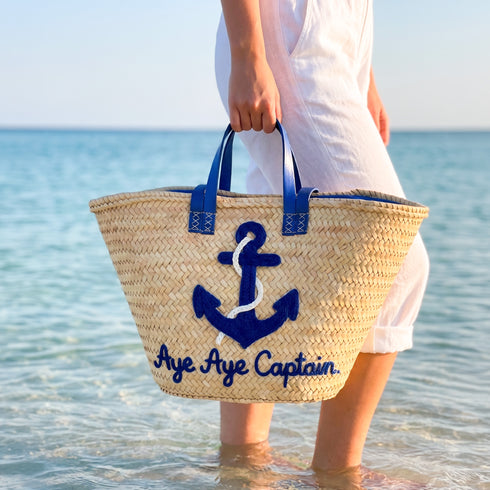 Personalized Nautical Anchor Beach Bag Handmade Moroccan Straw Tote with Blue Anchor and Aye Aye Captain Embroidery 4