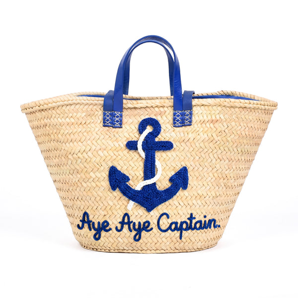 Personalized Nautical Anchor Beach Bag Handmade Moroccan Straw Tote with Blue Anchor and Aye Aye Captain Embroidery 1
