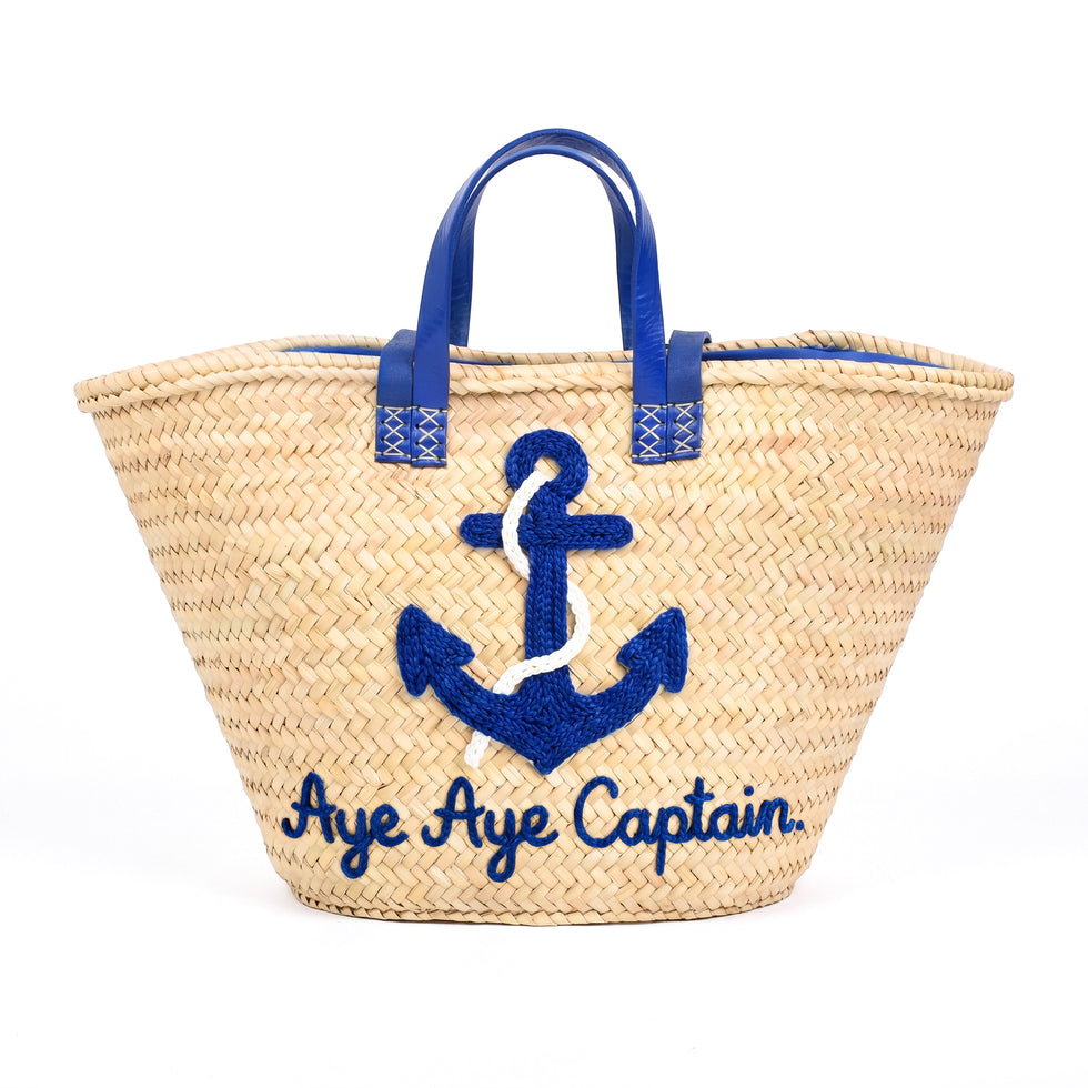 Personalized Nautical Anchor Beach Bag Handmade Moroccan Straw Tote with Blue Anchor and Aye Aye Captain Embroidery 1