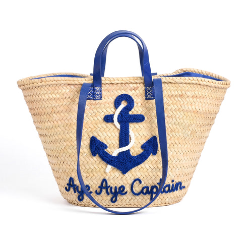 Personalized Nautical Anchor Beach Bag Handmade Moroccan Straw Tote with Blue Anchor and Aye Aye Captain Embroidery 6
