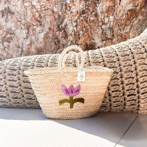 Personalized Purple Flower Straw Basket Bag