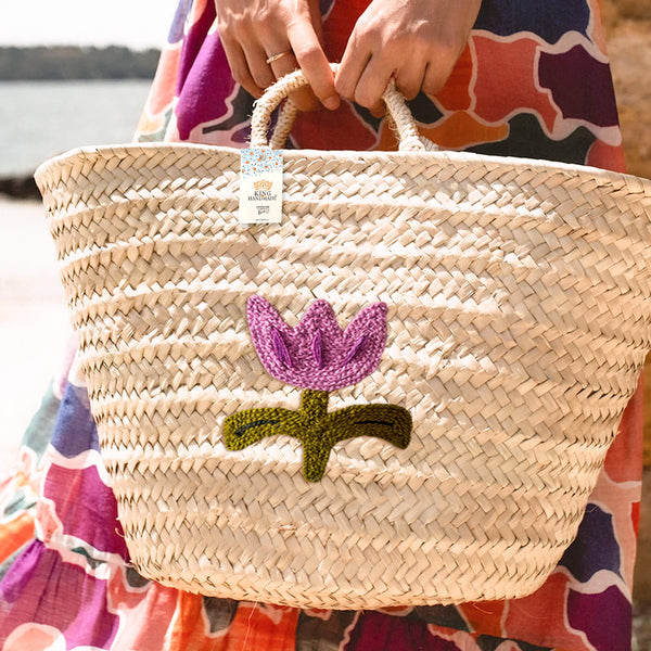 Personalized Purple Flower Straw Basket Bag