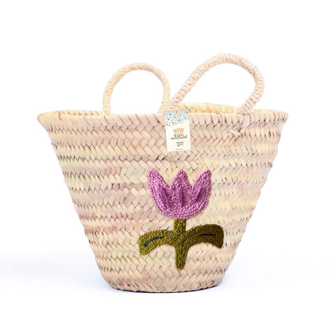 Personalized Purple Flower Straw Basket Bag