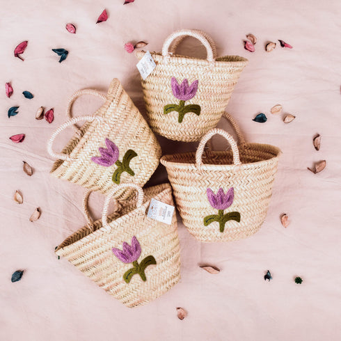 Personalized Purple Flower Straw Basket Bag