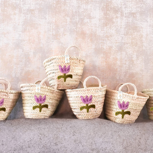 Personalized Purple Flower Straw Basket Bag