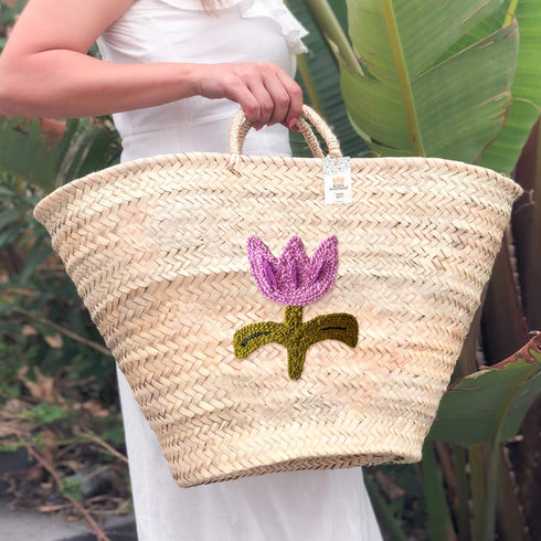 Personalized Purple Flower Straw Basket Bag