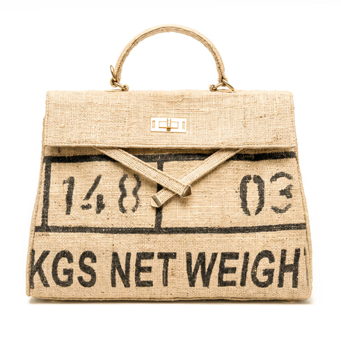 Large Jute Kelly-Style Handbag | Printed Typography Tote | Natural Handmade Jute Purse