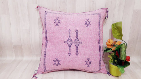 Pink Cactus Silk Pillow Cover - Handmade Moroccan Cushion (SP 1006)