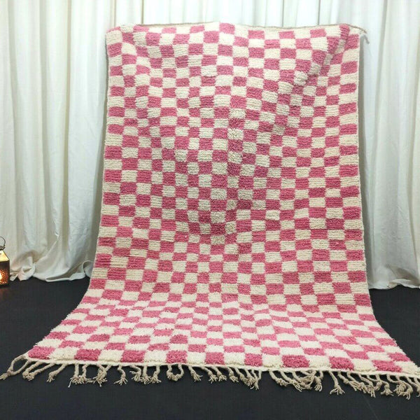 Moroccan Berber Rug – Pink & White Checkered Wool Rug