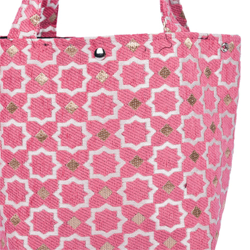 Pink Moroccan shoulder bag with traditional geometric brocade motifs ,made from durable linen with comfortable handles and lightweight design