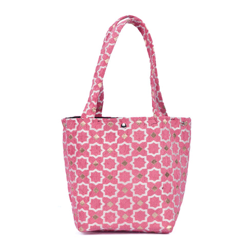 Pink Moroccan shoulder bag with traditional geometric brocade motifs ,made from durable linen with comfortable handles and lightweight design