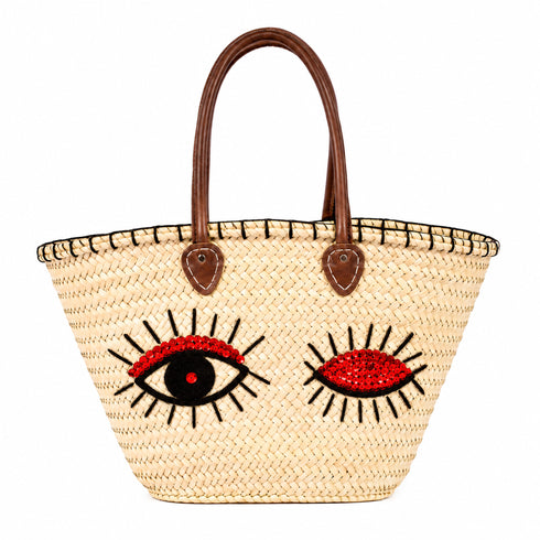Winky Eyes Sequin Straw Basket Bag | Leather Handle Tote