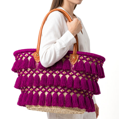 Moroccan Straw Beach Bag – Beige Tassel Tote with Leather Handles