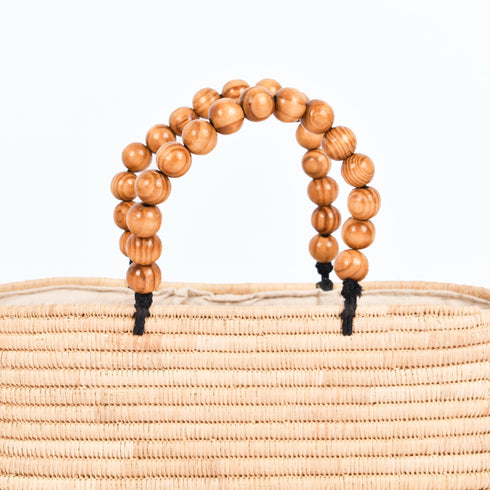 Moroccan Raffia Handbag | Small Summer Tote with Wooden Bead Handles