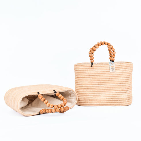 Moroccan Raffia Handbag | Small Summer Tote with Wooden Bead Handles