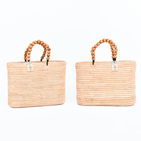 Moroccan Raffia Handbag | Small Summer Tote with Wooden Bead Handles