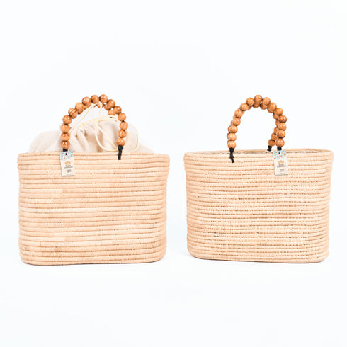 Moroccan Raffia Handbag | Small Summer Tote with Wooden Bead Handles