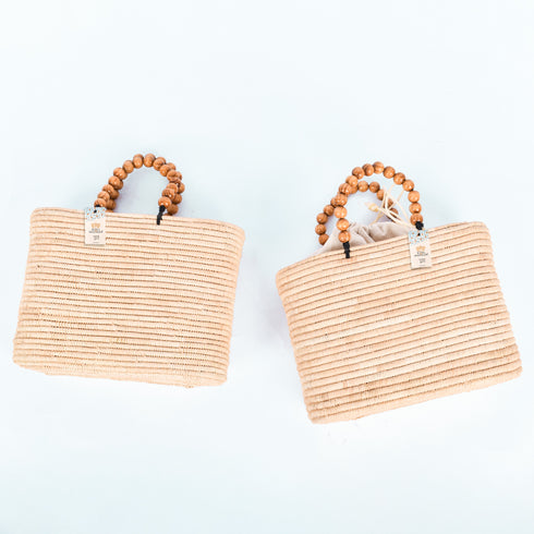 Moroccan Raffia Handbag | Small Summer Tote with Wooden Bead Handles