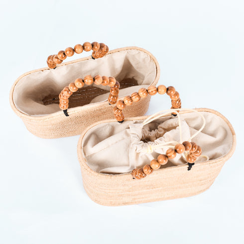 Moroccan Raffia Handbag | Small Summer Tote with Wooden Bead Handles