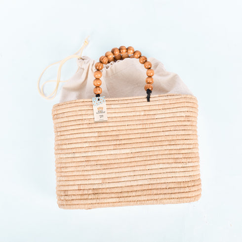 Moroccan Raffia Handbag | Small Summer Tote with Wooden Bead Handles