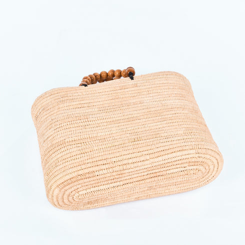 Moroccan Raffia Handbag | Small Summer Tote with Wooden Bead Handles