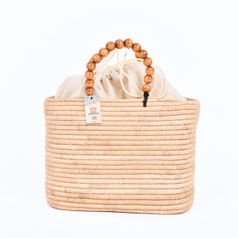 Moroccan Raffia Handbag | Small Summer Tote with Wooden Bead Handles