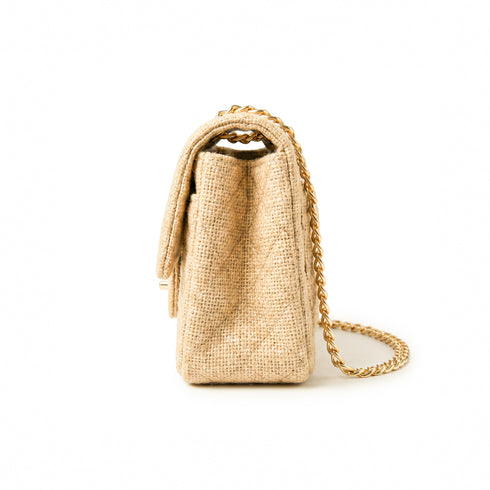Small Quilted Jute Classic Shoulder Bag Natural Woven Flap Handbag With Gold Chain