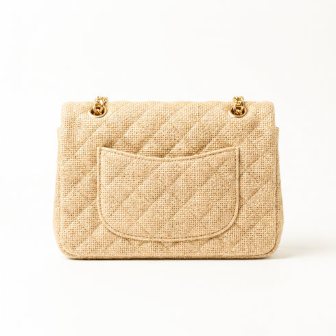 Small Quilted Jute Classic Shoulder Bag Natural Woven Flap Handbag With Gold Chain