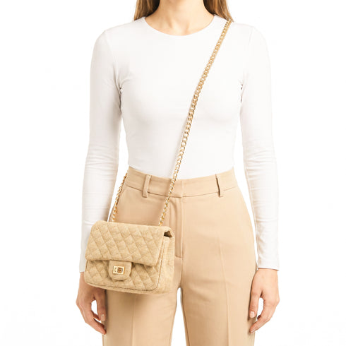Small Quilted Jute Classic Shoulder Bag Natural Woven Flap Handbag With Gold Chain