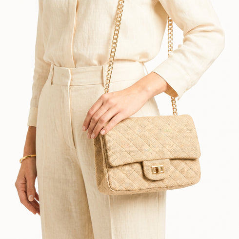Small Quilted Jute Classic Shoulder Bag Natural Woven Flap Handbag With Gold Chain